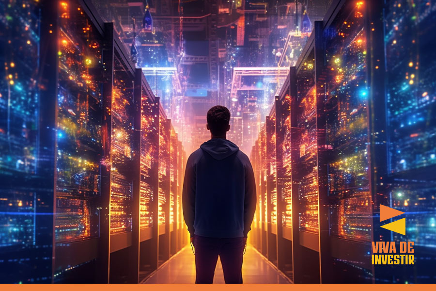 pessoa de costas dentro de um data center com estilo futurista